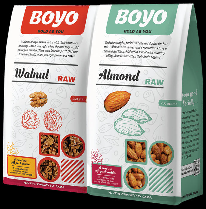 Boyo Combo Pack of Walnut Raw & Almond Raw (250gm Each) - Nibasu