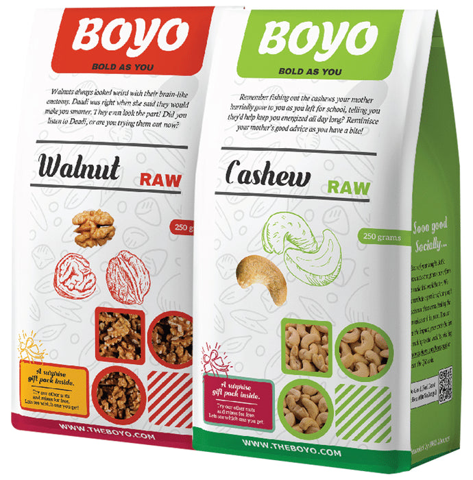 Boyo Combo Pack of Walnut Raw & Cashew Raw (250gm Each) - Nibasu