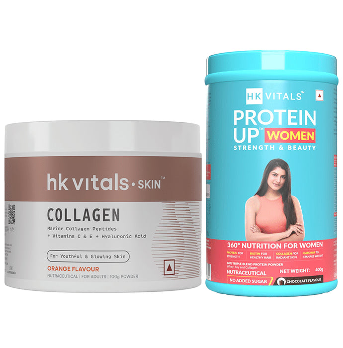 HK Vitals Combo Pack of Skin Radiance Collagen Powder Orange Flavour (100gm) & Protein Up Women Chocolate Flavour (400gm) - Nibasu