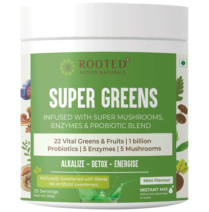 Rooted Active Naturals Super Greens Infused with Super Mushrooms , Enzymes & Probiotic Blend Powder - Nibasu