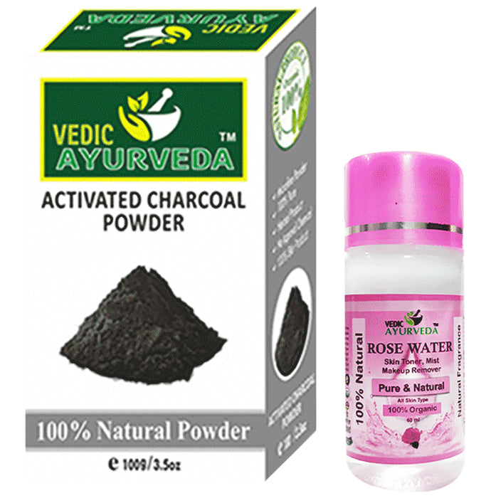 Vedic Ayurveda Combo Pack of Activated Charcoal face pack (100gm) with Rose Water (60ml) - Nibasu