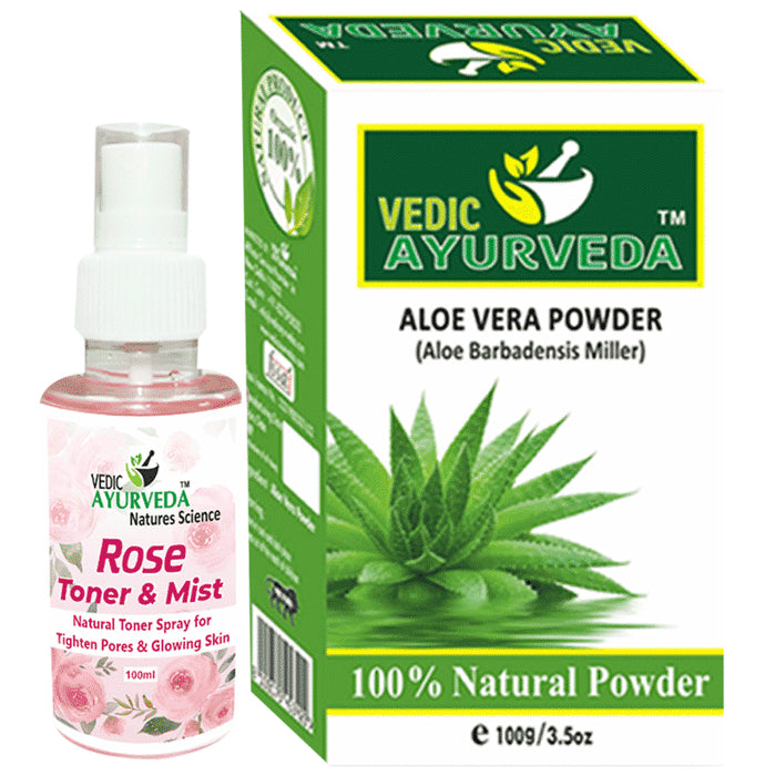 Vedic Ayurveda Combo Pack of Aloevera Powder (100gm) & Rose Toner & Mist (100ml) - Nibasu