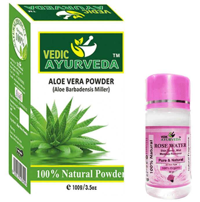 Vedic Ayurveda Combo Pack of Aloevera Powder Face Pack (100gm) with Rose water (60 ml) - Nibasu