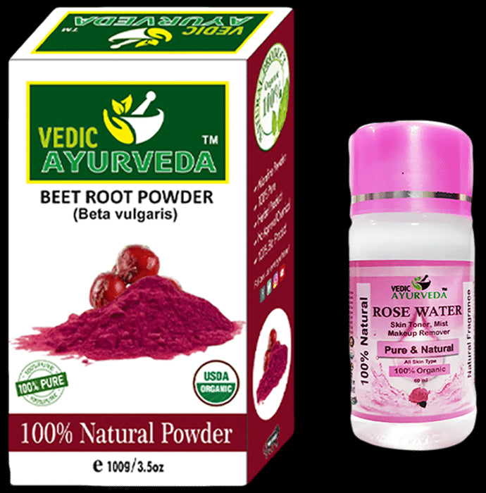 Vedic Ayurveda Combo Pack of Beet Root Powder (100gm) with Rose water (60ml) - Nibasu