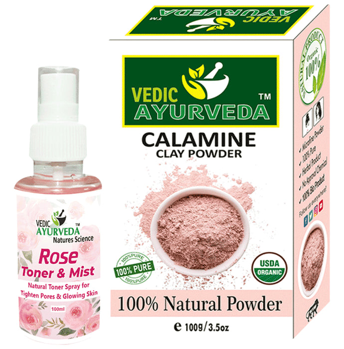 Vedic Ayurveda Combo Pack of Calamine Clay powder (100gm) & Rose Toner & Mist (100ml) - Nibasu