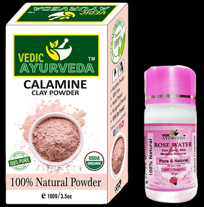 Vedic Ayurveda Combo Pack of Calamine Clay Powder Face Pack (100gm) with Rose water (60 ml) - Nibasu