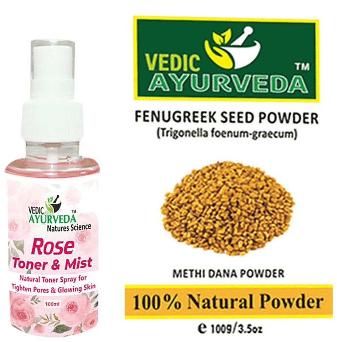 Vedic Ayurveda Combo Pack of Fenugreek powder (100gm) & Rose Toner & Mist (100ml) - Nibasu