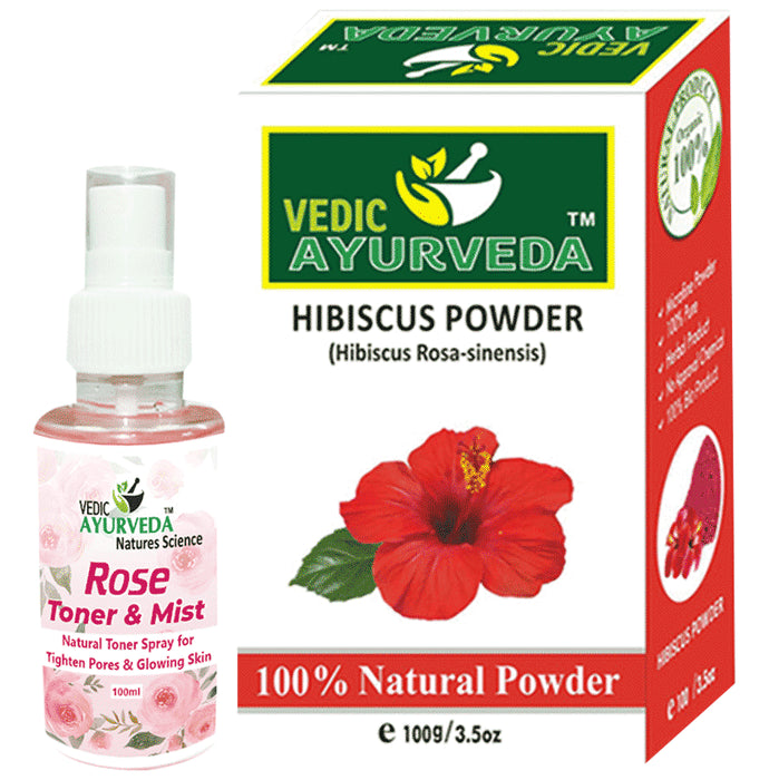 Vedic Ayurveda Combo Pack of Hibiscus powder (100gm) with Rose Toner & Mist (100ml)) - Nibasu