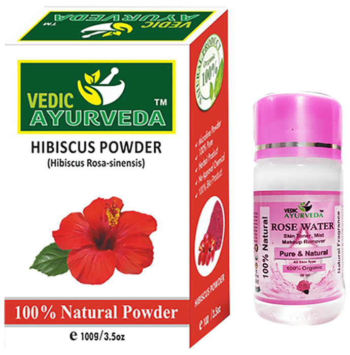 Vedic Ayurveda Combo Pack of Hibiscus Powder (100gm) with Rose water (60gm) - Nibasu