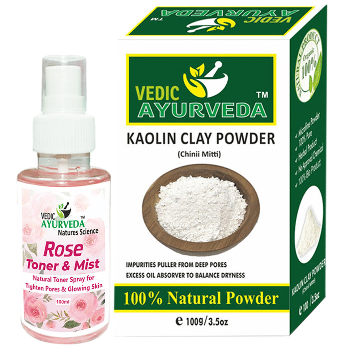 Vedic Ayurveda Combo Pack of Kaolin Clay powder (100gm) with Rose Water (100gm) - Nibasu