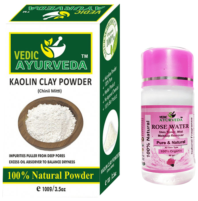 Vedic Ayurveda Combo Pack of Kaolin Clay powder (100gm) with Rose water (60ml) - Nibasu