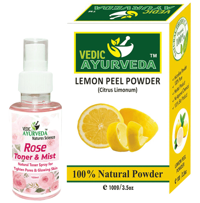 Vedic Ayurveda Combo Pack of Lemon peel powder (100gm) & Rose Toner & Mist (100ml) - Nibasu