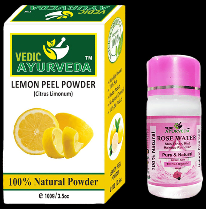 Vedic Ayurveda Combo Pack of Lemon Peel Powder (100gm) & Rose water (60 ml) - Nibasu