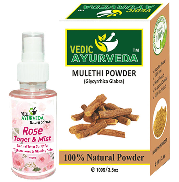 Vedic Ayurveda Combo Pack of Mulethi powder (100gm) with Rose Water (100ml) - Nibasu