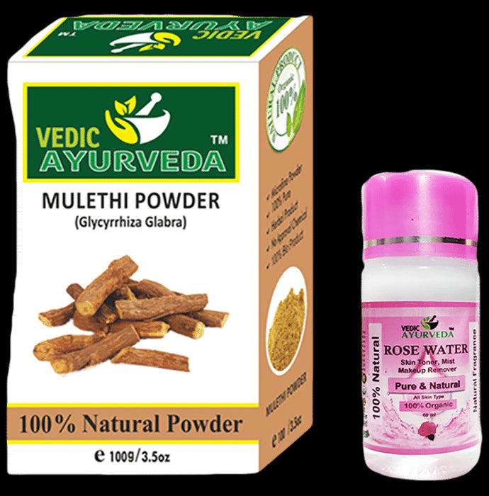 Vedic Ayurveda Combo pack of Mulethi Powder Face Pack & Rose water (60ml) - Nibasu