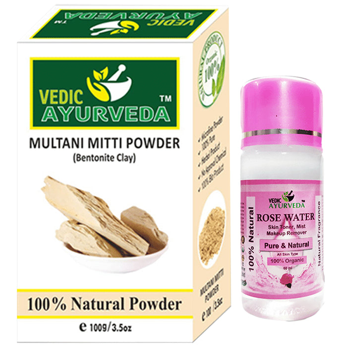 Vedic Ayurveda Combo Pack of Multani mitti powder face pack (100gm) with Rose Water (60ml) - Nibasu