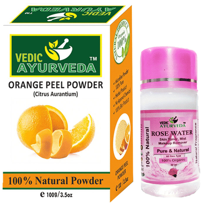Vedic Ayurveda Combo Pack of Orange Peel Face Pack (100gm) with Rose water (60ml) - Nibasu