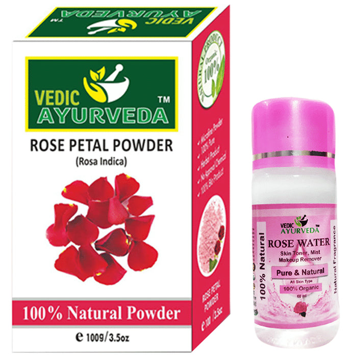 Vedic Ayurveda Combo Pack of Rose petal Powder (100gm) with Rose water (60ml) - Nibasu