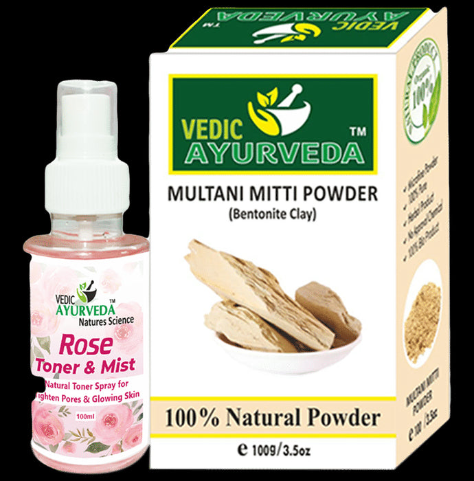 Vedic Ayurveda Combo Pack of Rose Toner & Mist (100ml) &Multani Mitti powder (100gm) - Nibasu