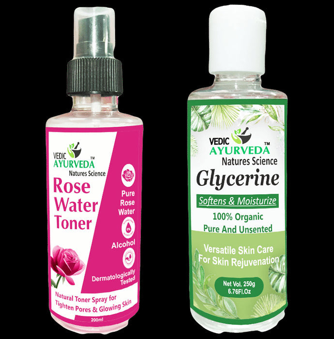 Vedic Ayurveda Combo Pack of Rose Water Toner (200ml) & Glycerine (250g) Bottle - Nibasu