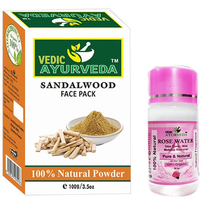 Vedic Ayurveda Combo Pack of Sandalwood Powder (100gm) With Rose water (60ml) - Nibasu