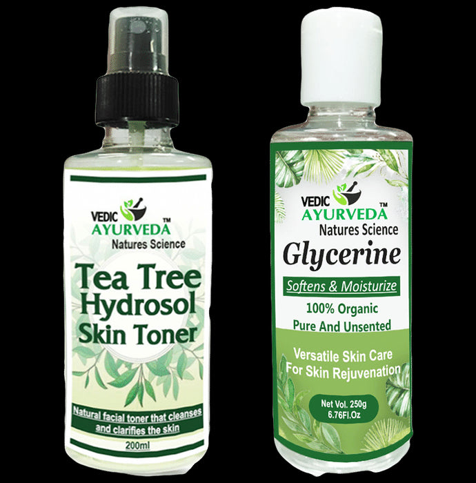 Vedic Ayurveda Combo Pack of Tea Tree Hydrosol Skin Toner (200ml) with Glycerine (250g) - Nibasu