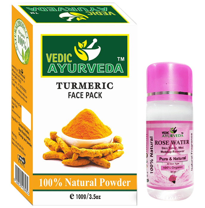 Vedic Ayurveda Combo Pack of Turmeric Powder Face Pack (100gm) & Rose Water (60ml) - Nibasu