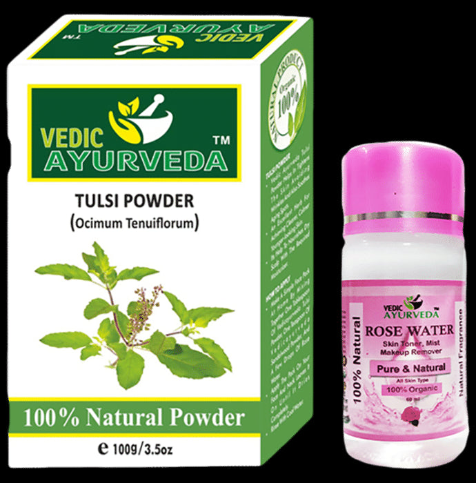 Vedic Ayurveda Tulsi Powder Face Pack (100gm) & Rose Water (60ml) - Nibasu
