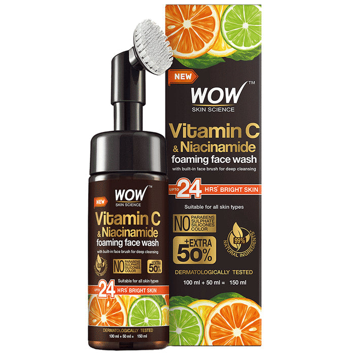 WOW Skin Science Brightening Vitamin C Foaming Face Wash with Built-In Face Brush - Nibasu