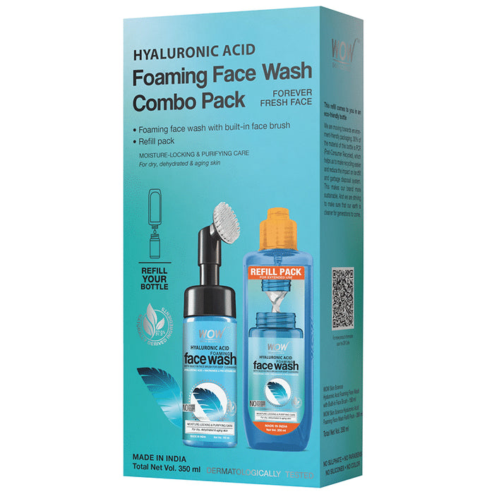 WOW Skin Science Combo Pack of Hyaluronic Acid Foaming Face Wash with Built in Face Brush 150ml & Refill Pack 200ml - Nibasu