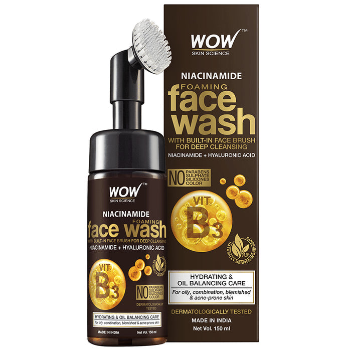 WOW Skin Science Niacinamide Foaming Face Wash with Built-In Face Brush - Nibasu