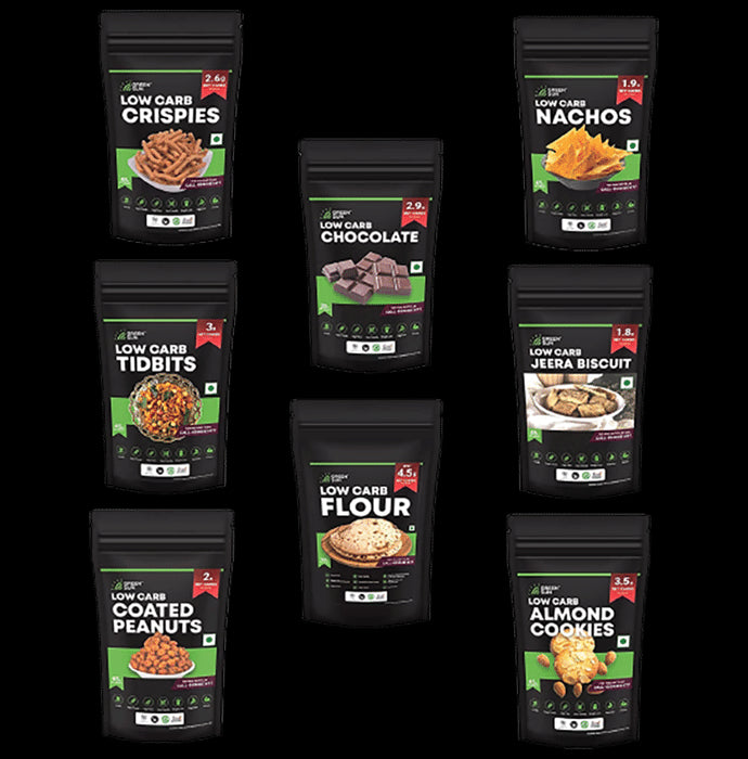 Green Sun Combo Pack of Low Carb Crispies 45gm, Tidbits 45gm, Coated Peanut 45gm, Chocolate20gm, Flour100gm, Nachos45gm, Jerra Biscuit 45gm, Almond Cookies 45gm - Nibasu