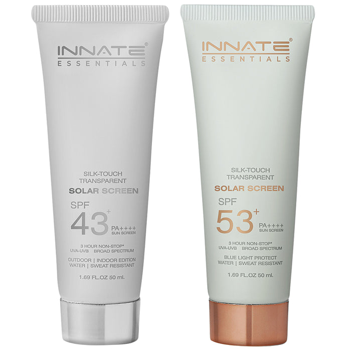 Innate Essentials Combo Pack of Silk-Touch Transparent Solar Screen Sunscreen SPF 43+ PA++++ & SPF 53+ PA++++ (50ml Each) - Nibasu